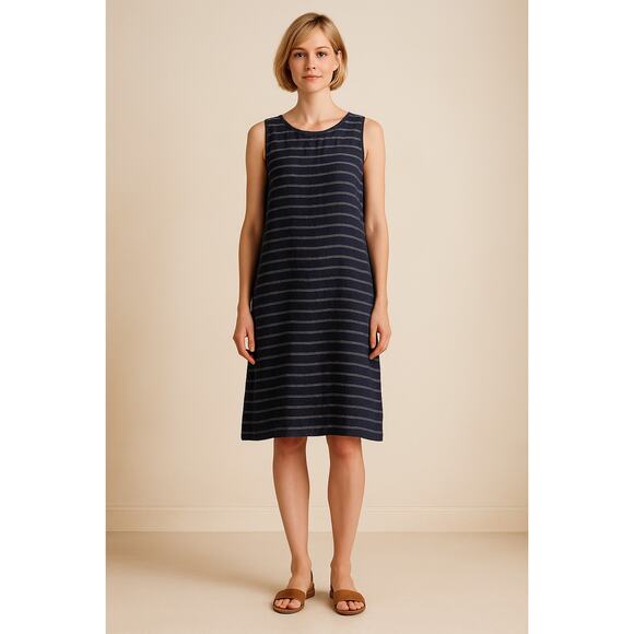 J.Jill Love Linen Dress Small Navy Striped Sleeveless Shift Minimalist Chic Lrg - Picture 1 of 8